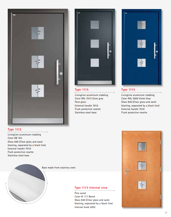 Type 1115 LivingLine – Sandblast Line Glass LivingLine Entry Door, Clear/Pave Glass, Dual Tone Aluminium Cladding, Beech/Pine Interior, Triple Locking, Noise & Thermal Insulation